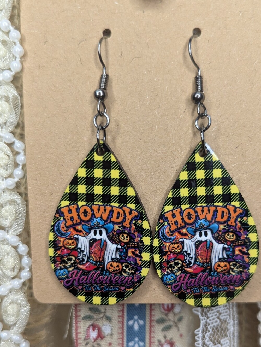 Howdy Halloween Ghost Teardrop Earrings - Yellow Black Plaid